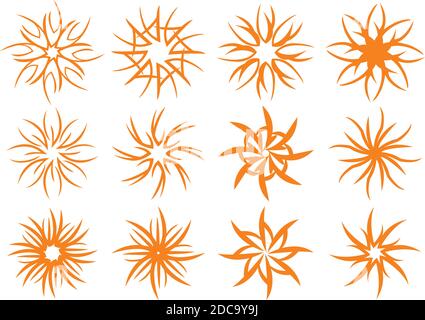 Set of vector swirl pattern design elements in orange inspired by dandelions and other natural whorl floral patterns isolated on white background. Stock Vector