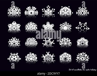 Snowflake icons set with geometric tattoo styled dotwork gradient shapes for Christmas ornaments for cold weather winter holiday cards Stock Vector