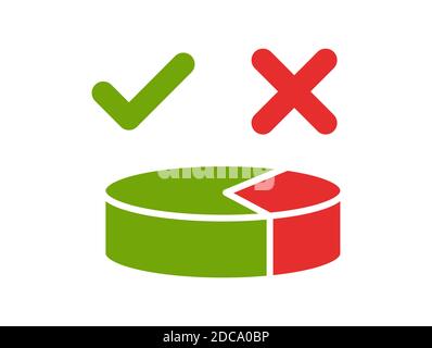 Pie Chart Icon with one portion of green and another portion of red. Included with right and cross sign. Right and cross singh above the pie chart Stock Vector