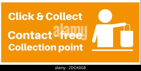 Click And Collect contact free collection point Sign on an orange background. Stock Vector