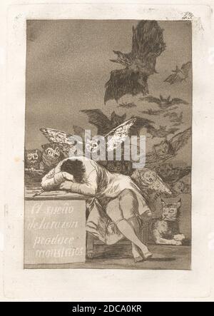 Francisco de Goya, (artist), Spanish, 1746 - 1828, El sueño de la razon produce monstruos (The Sleep of Reason Produces Monsters), Los Caprichos (plate 43), (series), published 1799, etching and aquatint, plate: 21.4 x 15.1 cm (8 7/16 x 5 15/16 in.), page size: 30.7 x 19.5 cm (12 1/16 x 7 11/16 in Stock Photo