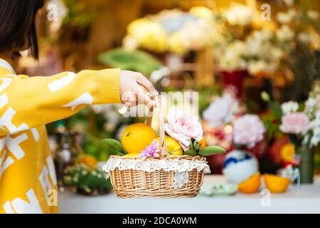 Ripe Navel orange with flower on the table Stock Photo