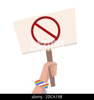 Flat illustration of hippie hand with prohibited banner and place for text on white background. Rally, picket and protest. No war. Vector object for a Stock Vector