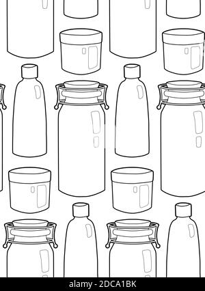 Seamless outline texture of glass bottles and jar in a row on white background. Zero waste products. Vector contour pattern for fabrics, wallpapers, b Stock Vector