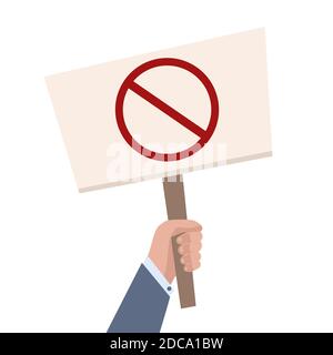 Flat illustration of businessman hand with prohibited banner and place for text on white background. Rally, picket and protest. Vector object for arti Stock Vector
