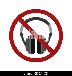 Flat illustration of a stereo headphone in a prohibition sign. Ban on the noise. Headphone forbidden in a public place. Vector object for logos, icons Stock Vector
