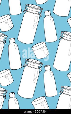 Seamless outline texture of white glass bottles and jar on blue background. Zero waste products. Vector contour pattern for fabrics, wallpapers, backg Stock Vector