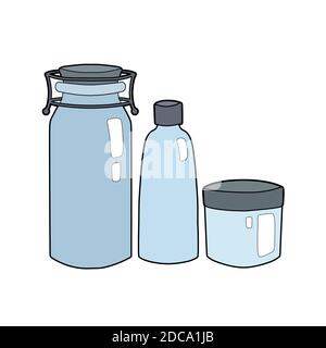 Set of cartoon contour blue glass bottles and cans. Zero Waste objects isolated on white background. Bring your bottle. Vector element for menu, artic Stock Vector
