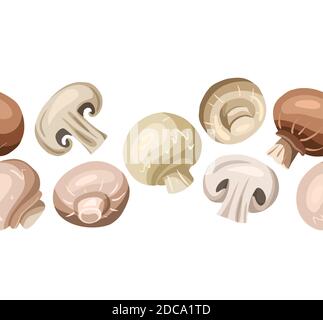 Seamless border of flat hand drawn of champignon mushrooms isolated from background. Healthy wholesome vegetarian food. Vector color texture for frame Stock Vector
