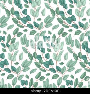 Seamless texture of flat eucalyptus populus on a white background. Cartoon branches with foliage. Natural vector color texture for wallpaper, fabrics Stock Vector