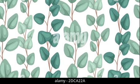 Seamless texture of flat eucalyptus populus on a white background. Cartoon branches with foliage. Natural vector color texture for wallpaper, fabrics Stock Vector
