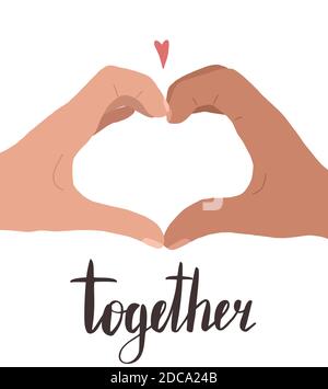 Together. Hand drawn flat illustration of two hands with a heart shape and lettering. Pair of man and woman. Love couple. Card for Valentines Day. Vec Stock Vector