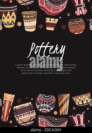 Pottery lessons. Flat clay vases and pots with a boho pattern and place for text on dark background. Vector vertical template for invitation, certific Stock Vector