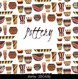 Pottery lessons. Square card with flat clay vases and pots with a boho pattern and place for text on white background. Vector template for invitation, Stock Vector