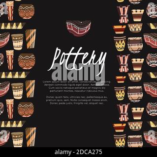 Pottery lessons. Flat clay vases and pots with a boho pattern and place for text on a dark background. Vector template for invitations, diplomas, bann Stock Vector