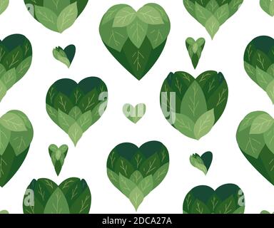 Seamless flat pattern with doodle hearts from leaves on a white background. Natural love. Save nature. Vector eco texture for wallpapers, fabrics and Stock Vector
