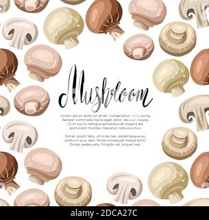Square card with hand drawn flat champignon mushrooms, lettering and place for text. Healthy food and calligraphy quote. Vector template for menu, rec Stock Vector