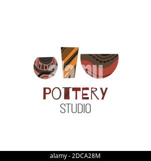 Pottery Studio. Cartoon flat doodle illustration of clay pots and vases and with lettering. Vector object for icons, logos, labels and your design. Stock Vector