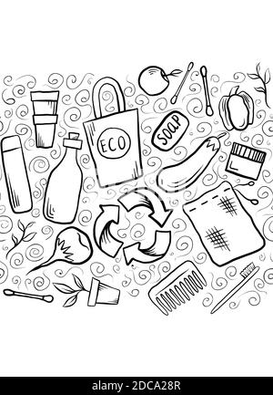 Zero waste. Seamless border with eco objects, vegetables, foliage and a pattern with curls. Plastic free. Vector outline doodle object for frames, inv Stock Vector
