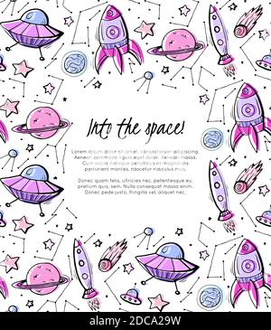 Into the space. Vertical child card with contour colorful space pattern of constellation, rockets, stars, planets and lettering. Vector template for b Stock Vector