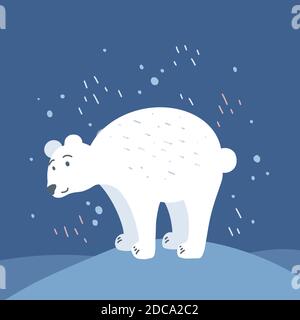 Flat illustration of a hand-drawn polar bear standing on snowdrifts with wrap around. Save nature in pristine beauty. Childrens cute wildlife picture. Stock Vector