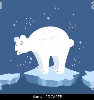 Global warming. Cartoon doodle illustration of a sad bear on melted ice with snow decoration. World problem. The threat of extinction of rare animals. Stock Vector