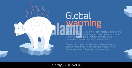 Global warming. Horizontal card with cartoon doodle illustration of sad polar bear on melting cracked ice. World problem. The threat of extinction of Stock Vector