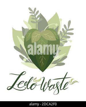 Zero waste. Ecological vertical postcard with a hand drawn heart of leaves, greenery and lettering. Natural card with quote. Ecological problem. Vecto Stock Vector