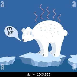 Global warming. Cartoon doodle illustration of a sad bear on melted ice with speech bubble. Too hot. World problem with call to action. The threat of Stock Vector