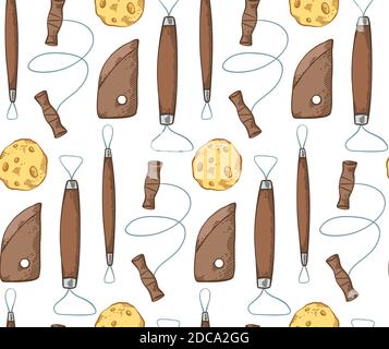 Seamless pattern with colored sketch tools for pottery on white background. Hobbies and workshop. Cutter, wire, sponge. Vector cartoon textile for wal Stock Vector