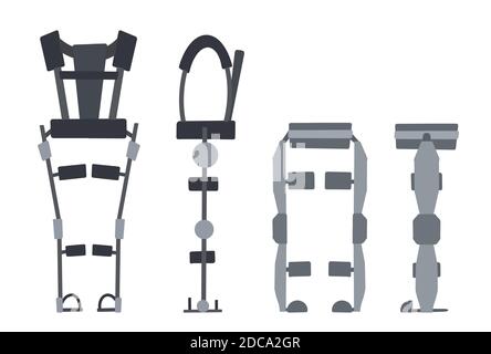 Set of flat medical exoskeleton isolated on a white background. Help for people with disabilities. The future and innovation. Vector exosuit. Stock Vector