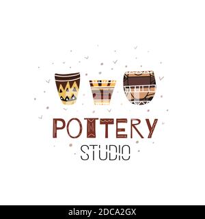 Pottery Studio. Cartoon flat doodle illustration of clay pots and vases and with lettering. Native pattern. Vector object for icons, logos, labels and Stock Vector