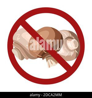 Flat hand drawn illustration of champignon mushrooms in prohibition sign isolated from background. Ban for food. Dont pick mushroom. Vector color rust Stock Vector