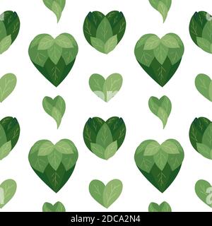 Seamless flat pattern with bush hearts from leaves on a white background. Love of nature. Vector natural texture for wallpapers, fabrics and your crea Stock Vector