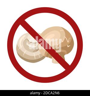 Flat illustration of white champignon mushrooms in prohibition sign isolated from background. Food allergy. Dont pick mushroom. Vector color rustic el Stock Vector