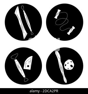 Set of black circle with silhouette tools for pottery. Hobbies and workshop. Cutter, wire, sponge. The object is separate from the background. Vector Stock Vector