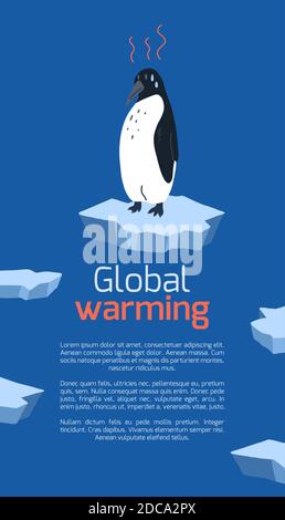 Global warming. Vertical card with cartoon doodle illustration of sad penguin on melting cracked ice. World problem. The threat of extinction of rare Stock Vector