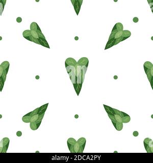 Seamless flat pattern with simple hearts from leaves with dots on white background. Love of nature. Vector natural texture for wallpapers, fabrics and Stock Vector