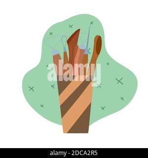 Colored flat illustration of tools for pottery and sculpting on abstract background. Hobbies and workshop. Vector cartoon element for greeting cards, Stock Vector