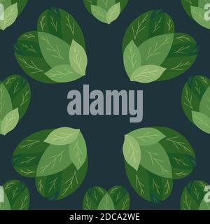 Seamless flat pattern with bush hearts from leaves on dark background. Love of nature. Bush of salad. Vector natural texture for wallpapers, fabrics a Stock Vector