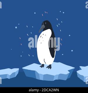 Global warming. Cartoon doodle illustration of a sad penguin on melting cracked ice with decoration. World problem. The threat of extinction of rare a Stock Vector