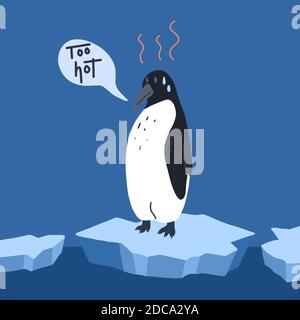 Global warming. Cartoon doodle illustration of a sad penguin on melting ice with speech bubble. Too hot. World problem with call to action. The threat Stock Vector
