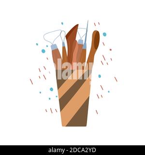 Colored flat illustration of wood tools for pottery and sculpting in cup on abstract background. Hobbies and workshop. Vector cartoon element for gree Stock Vector
