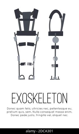 Vertical banner with flat medical exoskeleton on white background with place for text. Help for people with disabilities. The future and innovation. V Stock Vector