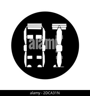 Silhouette of medical leg exoskeleton in black circle isolated on white background. Help for people with disabilities. The future and innovation. Vect Stock Vector