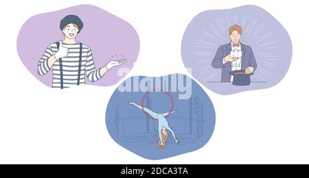 Circus, performance, clown, show, entertainment concept. People clown, magician with hat and woman air gymnast cartoon characters making performance i Stock Vector