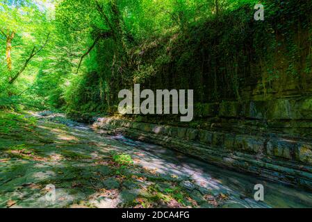 Textures of various stone layers in mountain river Stock Photo