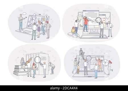 Finance, analytics, marketing, development, teamwork, business concept. People business partners workers analysing financial data and information stat Stock Vector