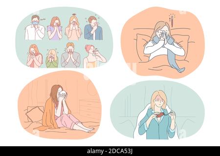 Cold, flu, virus, sick, illness, fever, sickness, infection concept. Unhappy young people feeling ill with high temperature sneezing taking medicine d Stock Vector