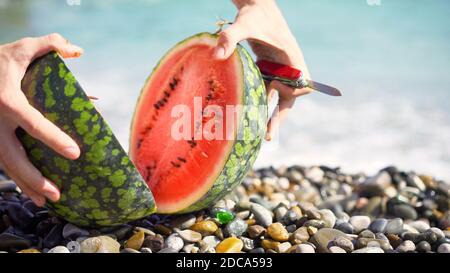Watermelon on the background of the sea. Fresh juicy watermelon on the beach with sea and blue sky. Stock Photo